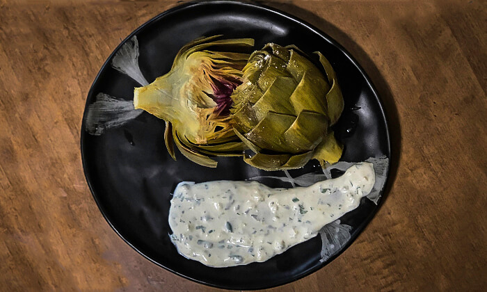 Braised Artichoke with Lemon Garlic Aioli