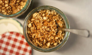 Overnight oats in a jar with a spoon