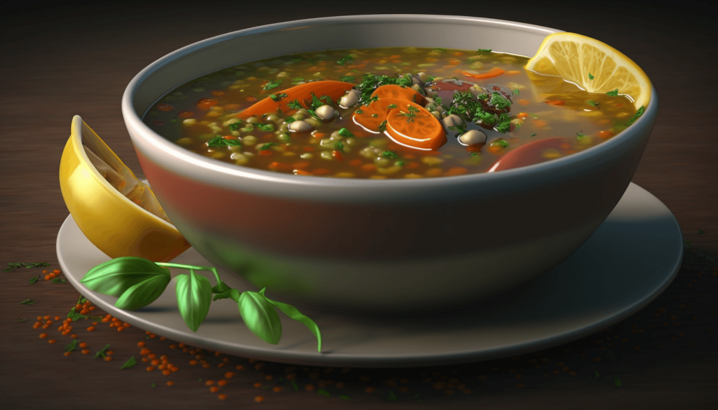 Bowl of vegan lentil soup with lemon wedges