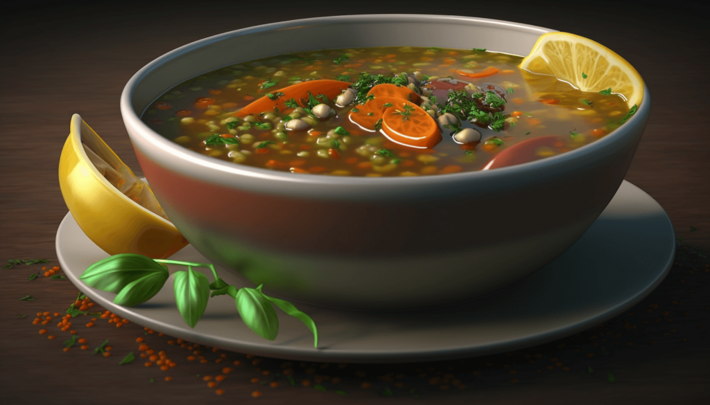 vegan-lentil-soup Bowl of vegan lentil soup with lemon wedges