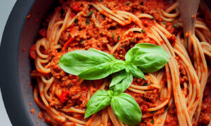 Vegan bolognese with spaghetti and fresh basil