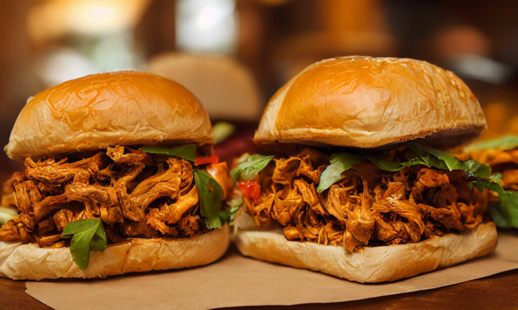 Two Pulled Jackfruit Sandwiches, a great plant-based pulled pork alternative for vegan diets