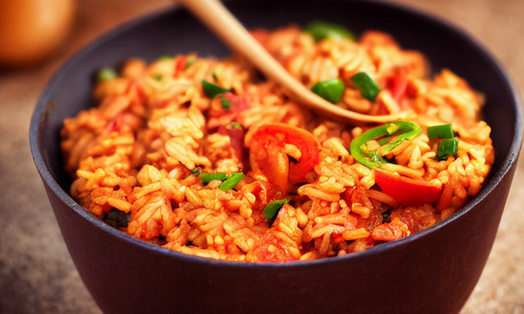 Vegan jambalaya with peppers, rice, and green onions