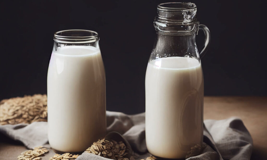 Oat milk in two jars on a table with a cloth and oats
