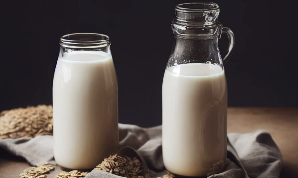 oat-milk Oat milk in two jars on a table with a cloth and oats