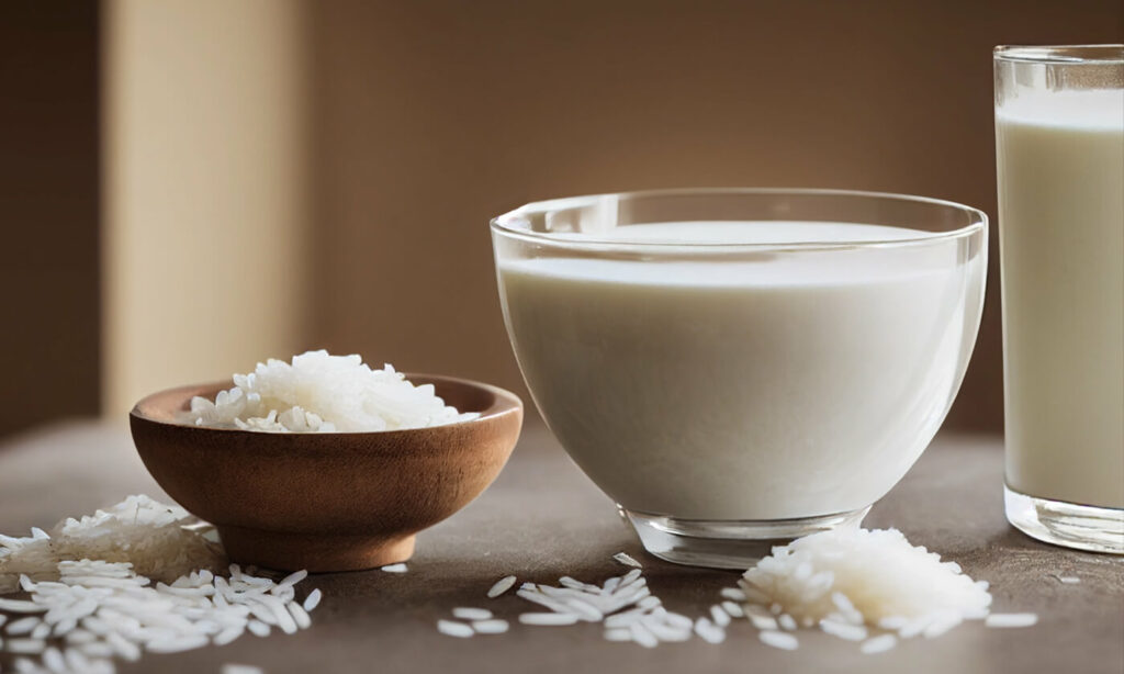rice-milk Rice milk in a bowl and glass next to a bowl of rice