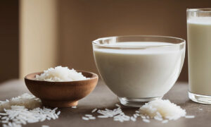 Rice milk in a bowl and glass next to a bowl of rice