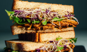 Tempeh ruben sandwich with cole slaw