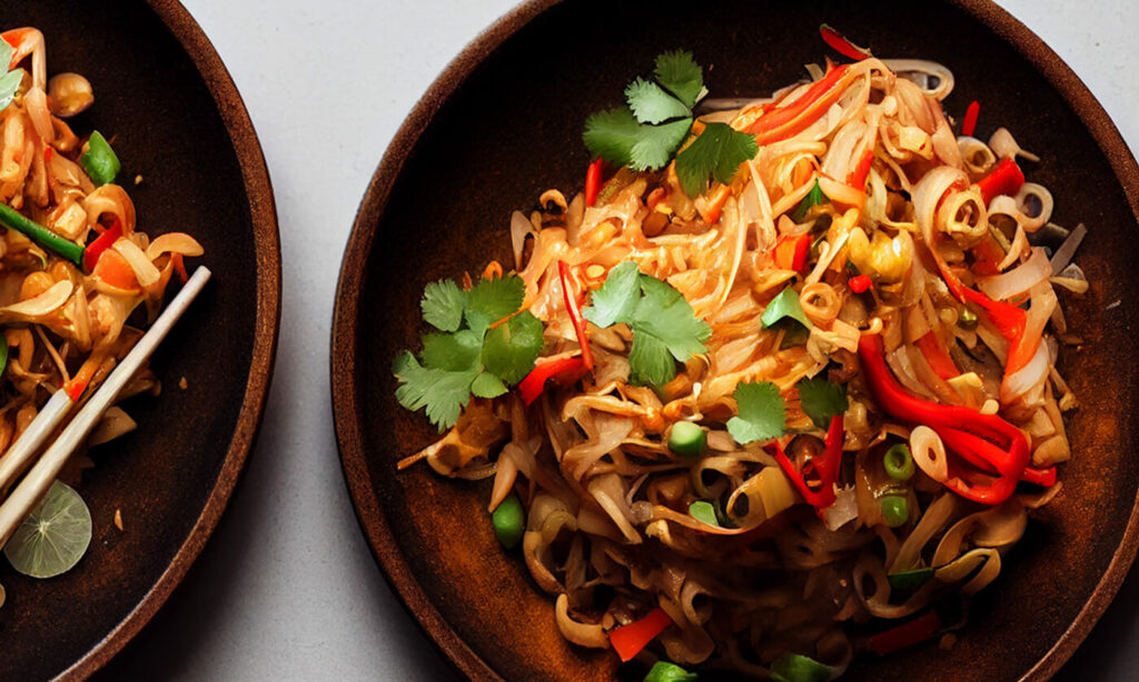 Vegan pad thai with veggies, cilantro, and red peppers in a bowl