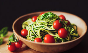 Zucchini noodles with pesto and cherry tomatoes in a bowl