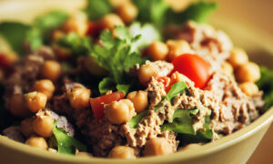 Vegan chickpea "tuna" salad in a bowl with greens, tomatoes, and whole chickpeas