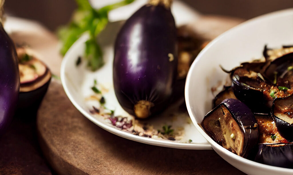 roasted-eggplant Roasted eggplant served in a bowl with a full eggplant on a plate in the background