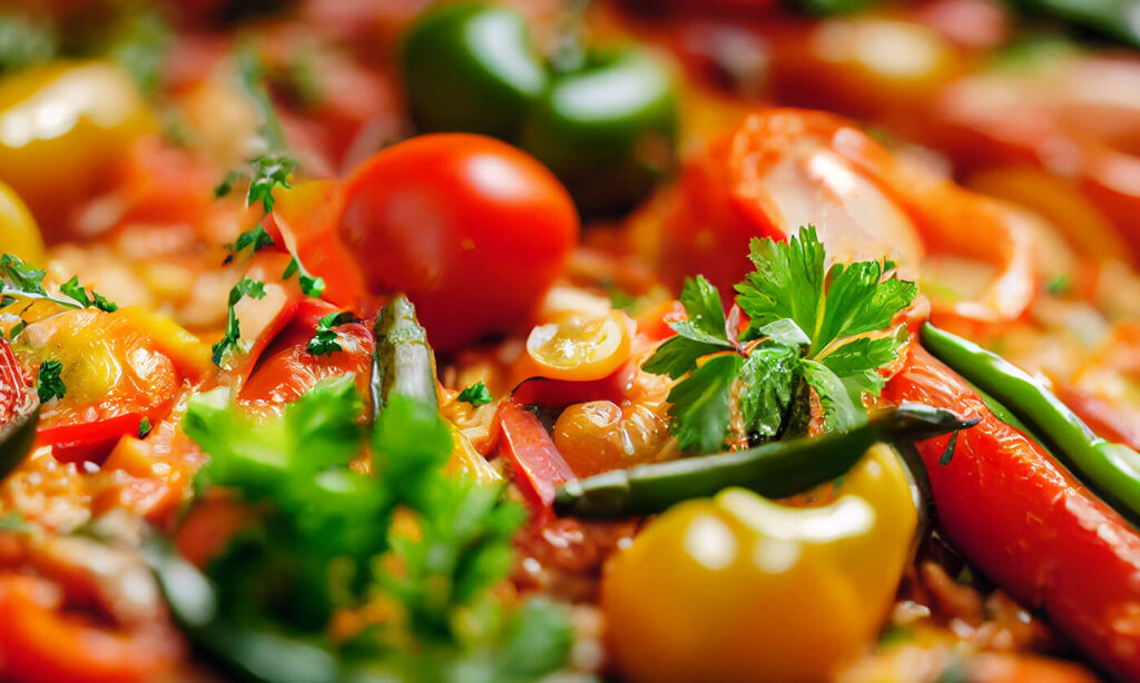 Vegetable Paella with tomatoes, peppers, and parsley