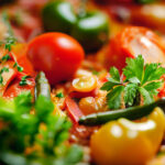 Vegetable Paella with tomatoes, peppers, and parsley