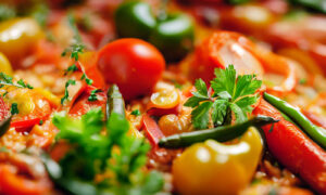 Vegetable Paella with tomatoes, peppers, and parsley