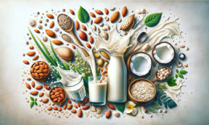 Various plant-based milk ingredients scattered around non-dairy milk jugs
