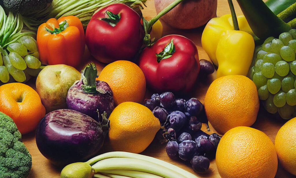 fruits-and-vegetables-on-cutting-board Fruits and vegetables on a cutting board