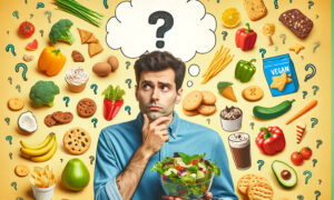 Person looking confused surrounded by different foods and question marks, wondering if foods are healthy