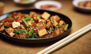 Vegan Kung Pao Tofu with chopsticks