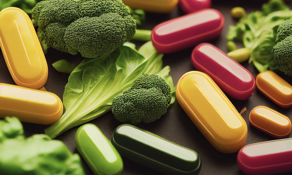 plant-based-vitamins-with-leafy-greens Vitamin capsules with leafy greens and broccoli