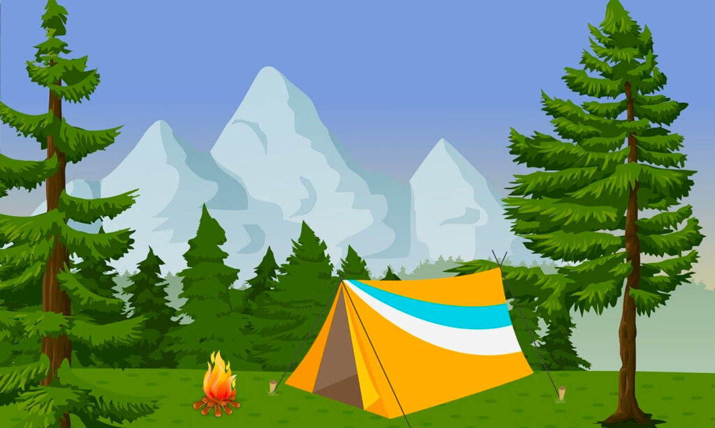 Campground with tent and fire in front of pine trees and mountains