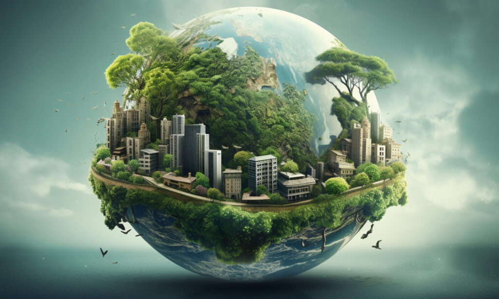 Fictional planet view of earth with growing trees and buildings