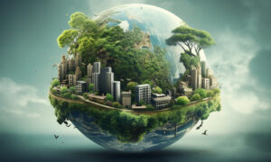 Fictional planet view of earth with growing trees and buildings