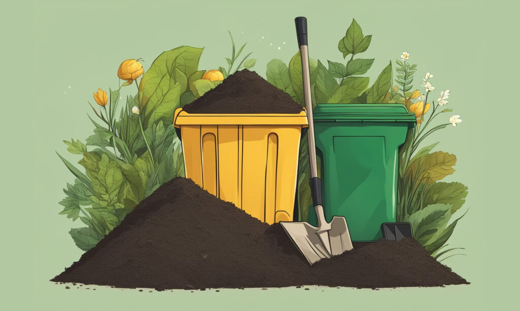 Two compost bins with a shovel and plants