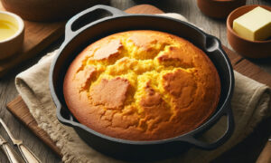 vegan cornbread in a cast iron skillet with plant-based butter