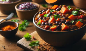 Smoky Sweet Potato Chili in a bowl on a cutting board with fresh cilantro