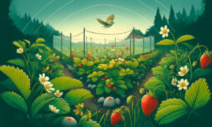 Strawberry patch with a bird flying over and protection methods such as painted rocks and netting